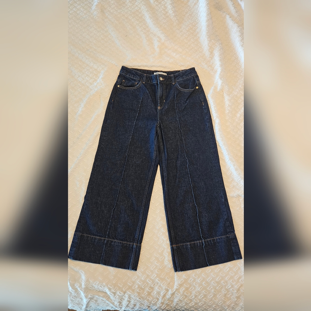 Zara Dark Blue Lined Wide-Leg Crop Jeans Sz 8